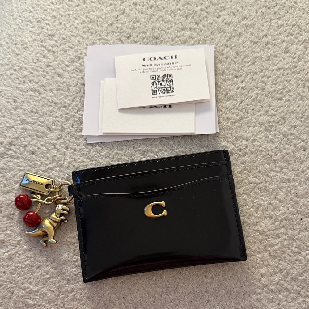 Coach Black Patent Leather Card Case with Gold Charm Accents